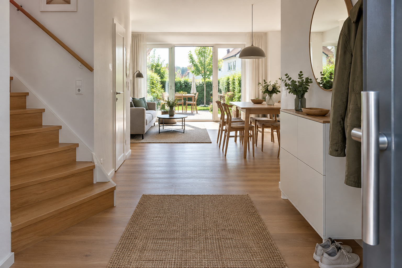 Eingangsbereich eines Reihenhauses mit Blick in Wohnraum und Garten