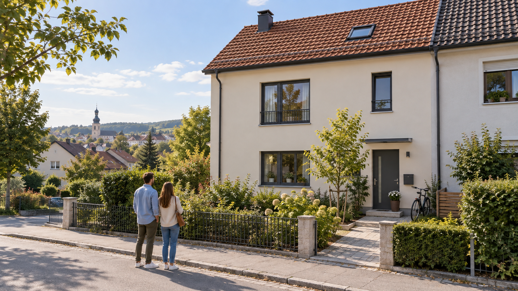 Paar vor einem Reihenhaus in einem bayerischen Ort